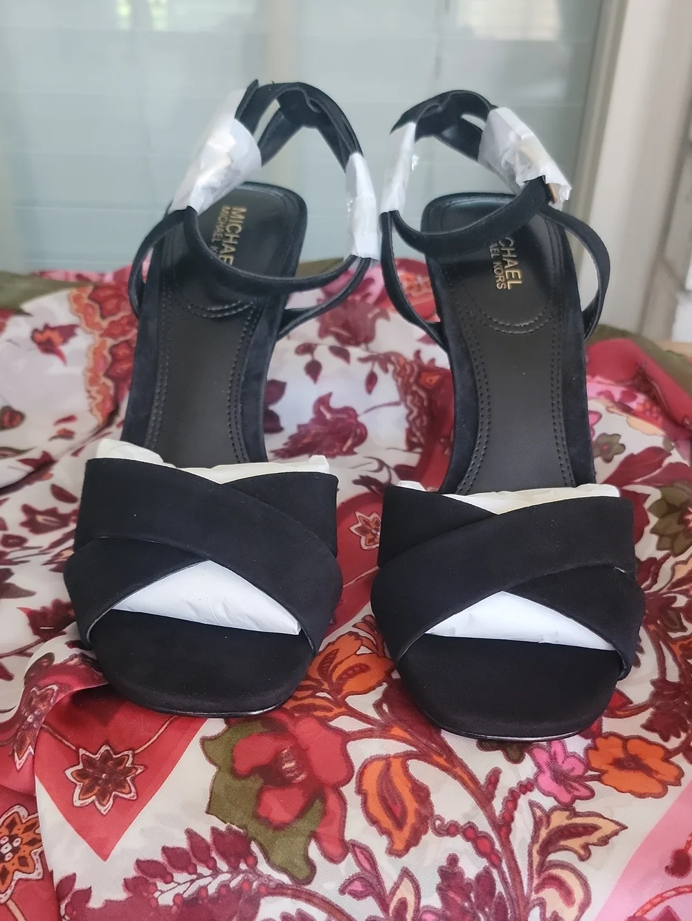 Michael Kors Black Suede Crisscross Open-Toe Heels